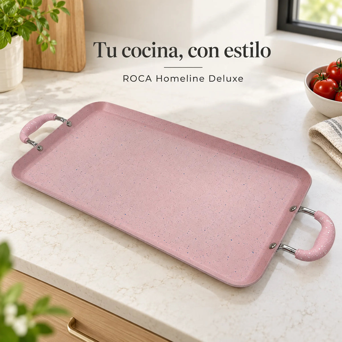 Plancha doble ROCA marmolizada en la cocina, color Rosa Marmoleado