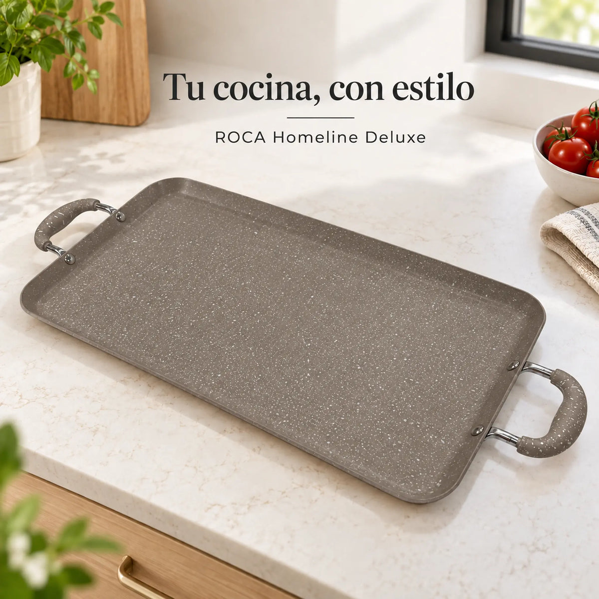 Plancha doble ROCA marmolizada en la cocina, color Taupe Marmoleado