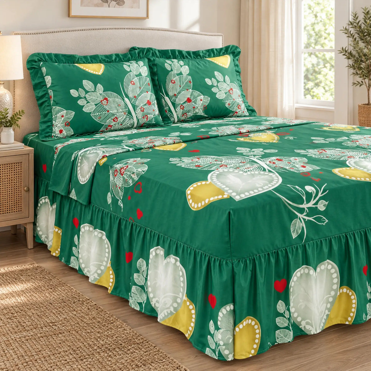 Juego de sábanas con vuelo 4 piezas, diseño Corazones Verde Esmeralda – ajuste al colchón