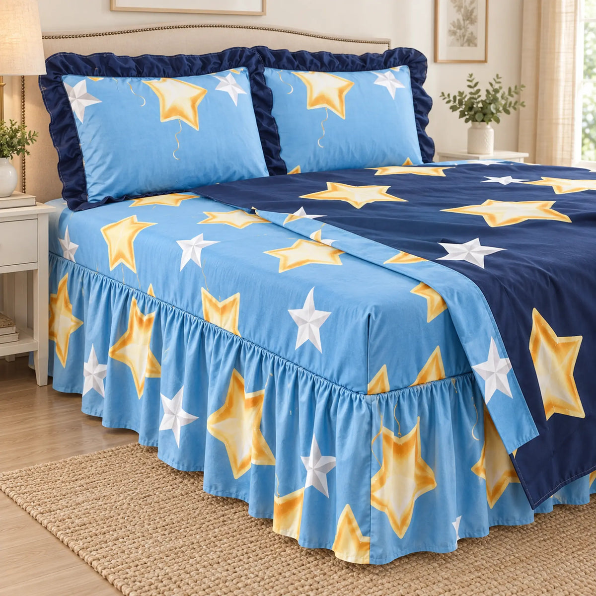 Juego de sábanas con vuelo 4 piezas, diseño Estrellas Doradas Azul – ajuste al colchón