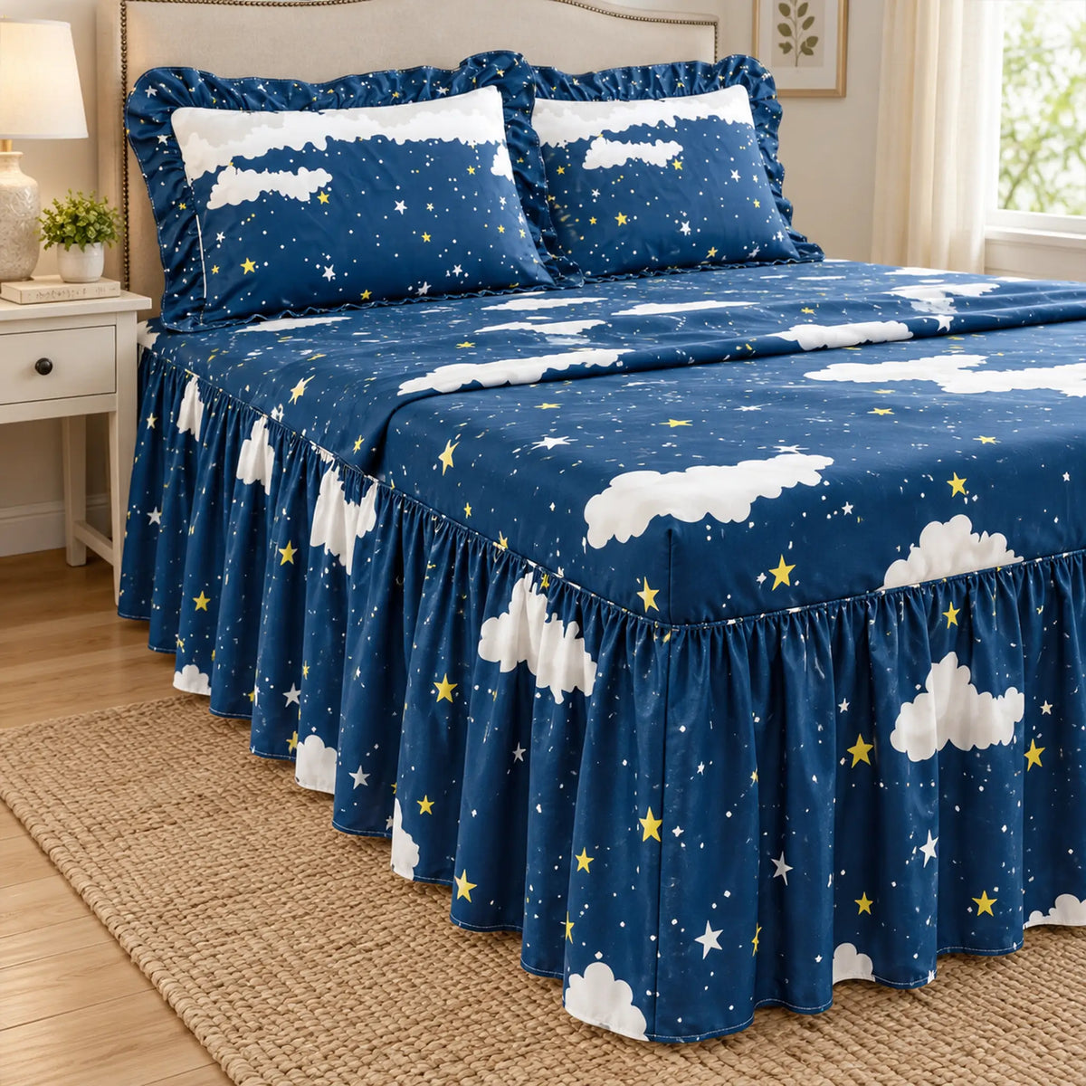 Juego de sábanas con vuelo 4 piezas, diseño Nubes y Estrellas Azul Marino – ajuste al colchón