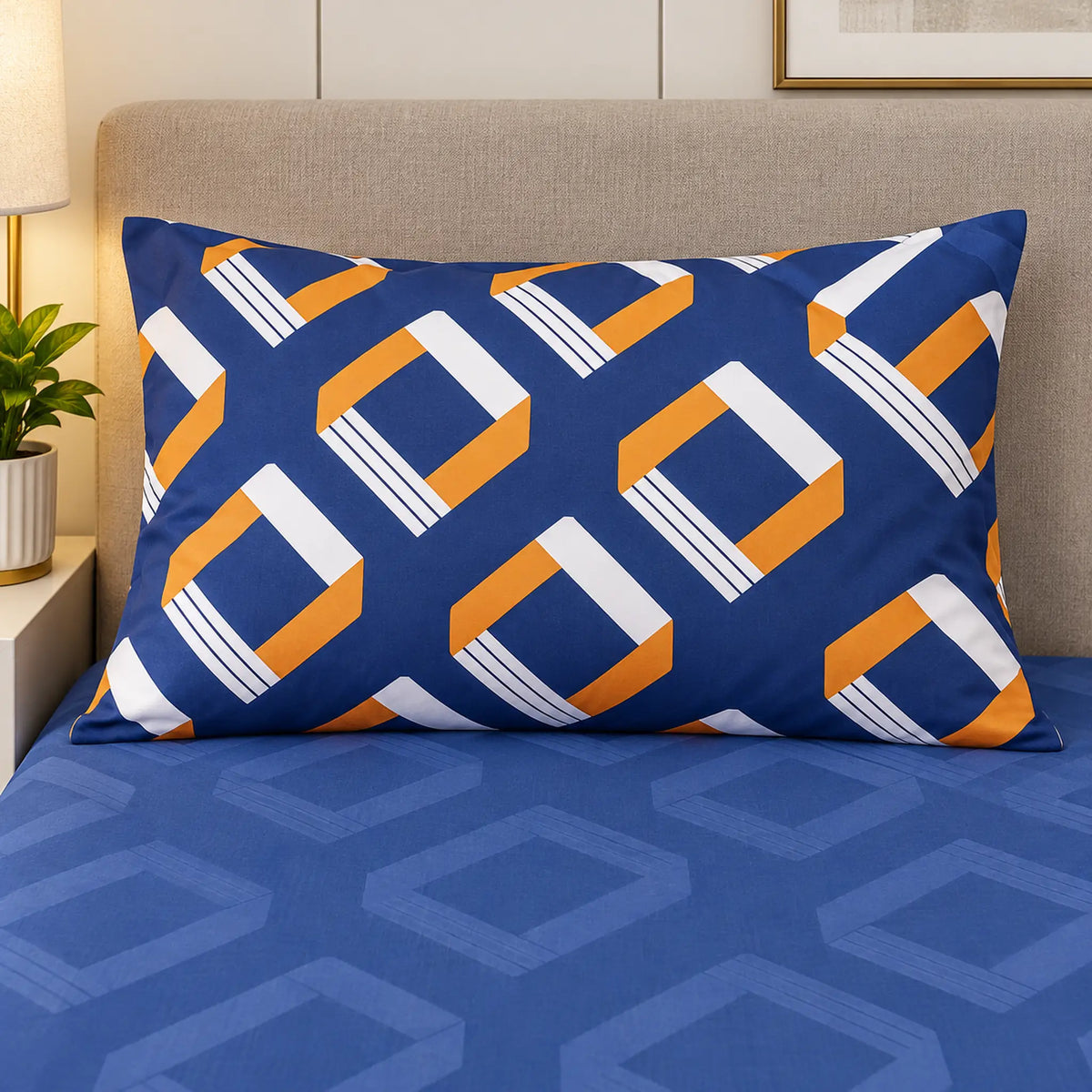 Juego de sábanas semimatrimonial 1.20 m, diseño Geométrico Azul y Mostaza – detalle de la funda