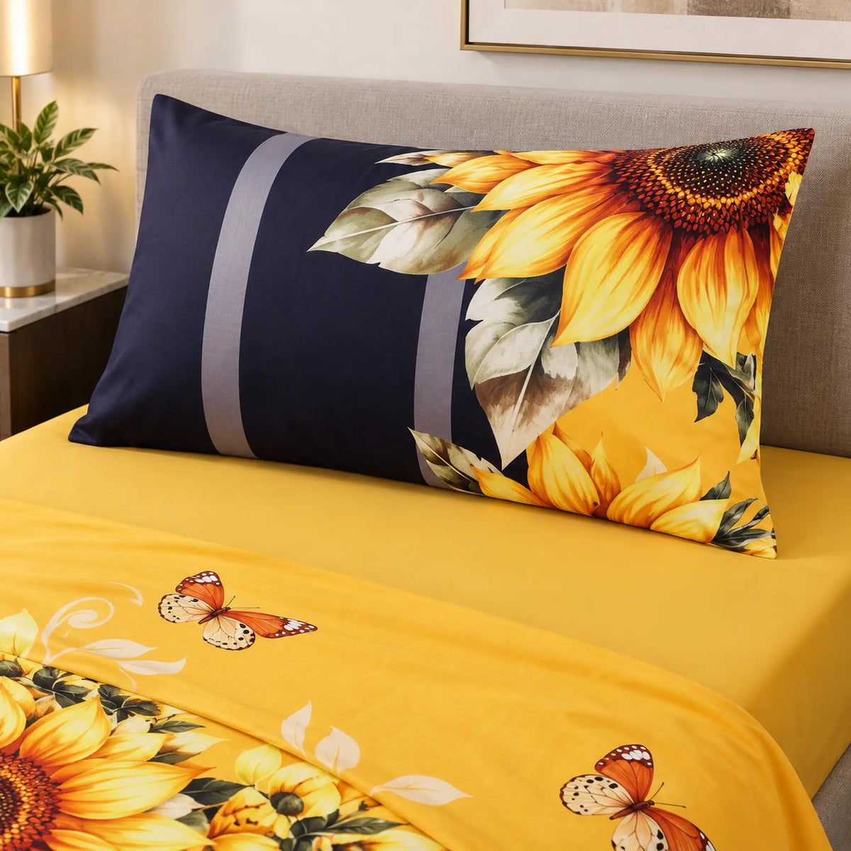 Juego de sábanas semimatrimonial 1.20 m, diseño Girasoles y Mariposas Amarillas – detalle de la funda