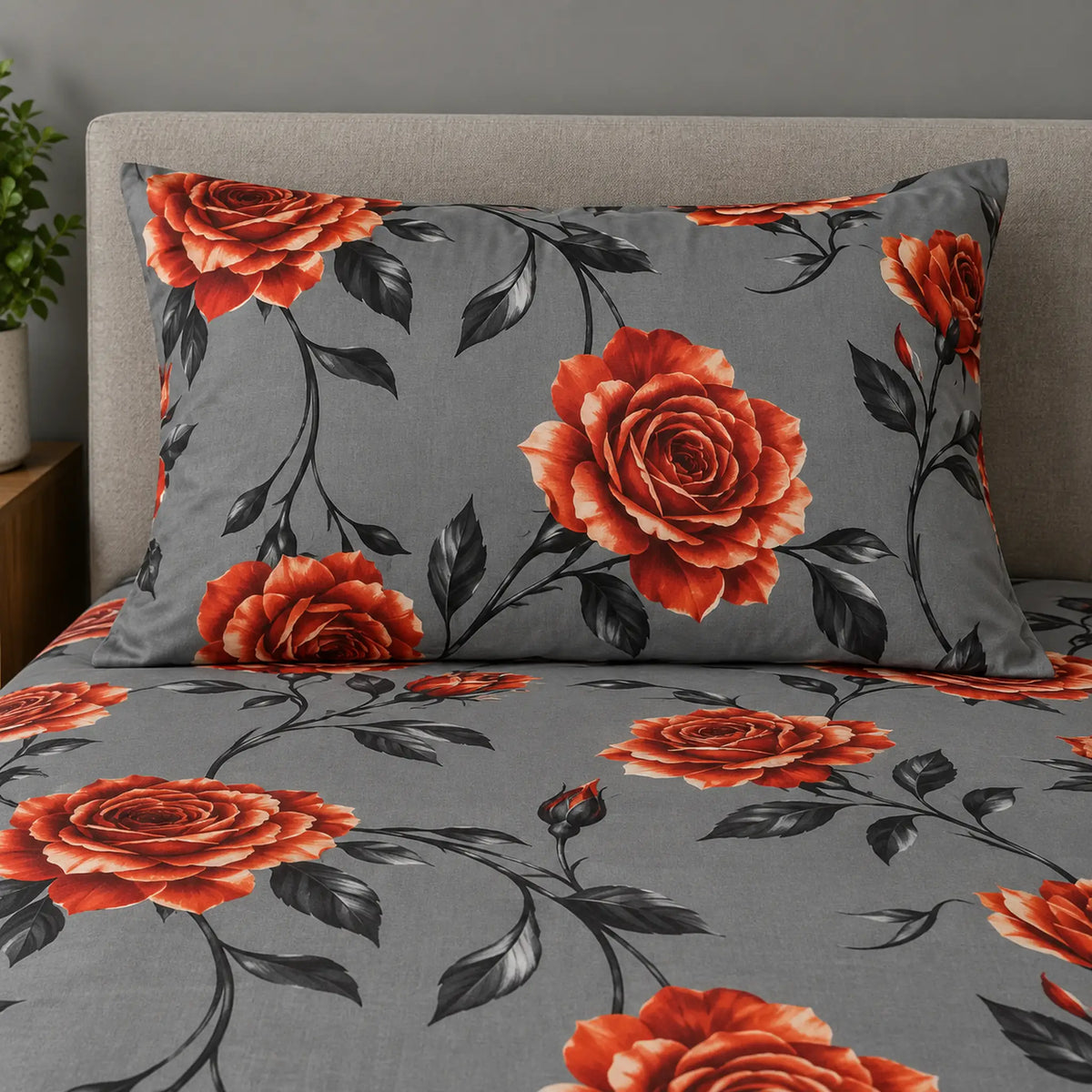 Juego de sábanas semimatrimonial 1.20 m, diseño Rosas Naranjas Fondo Gris – detalle de la funda