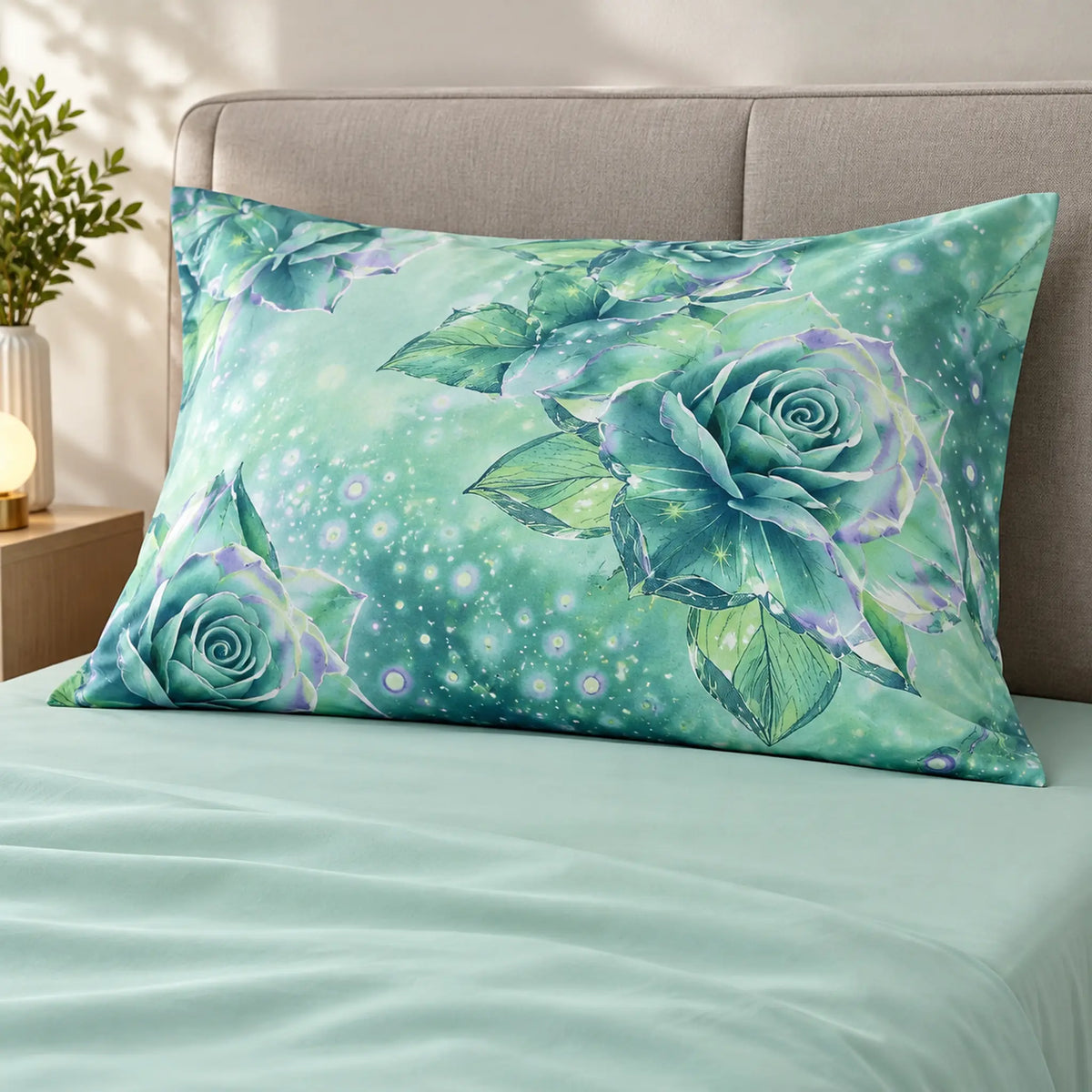 Juego de sábanas semimatrimonial 1.20 m, diseño Rosas Verde Agua – detalle de la funda