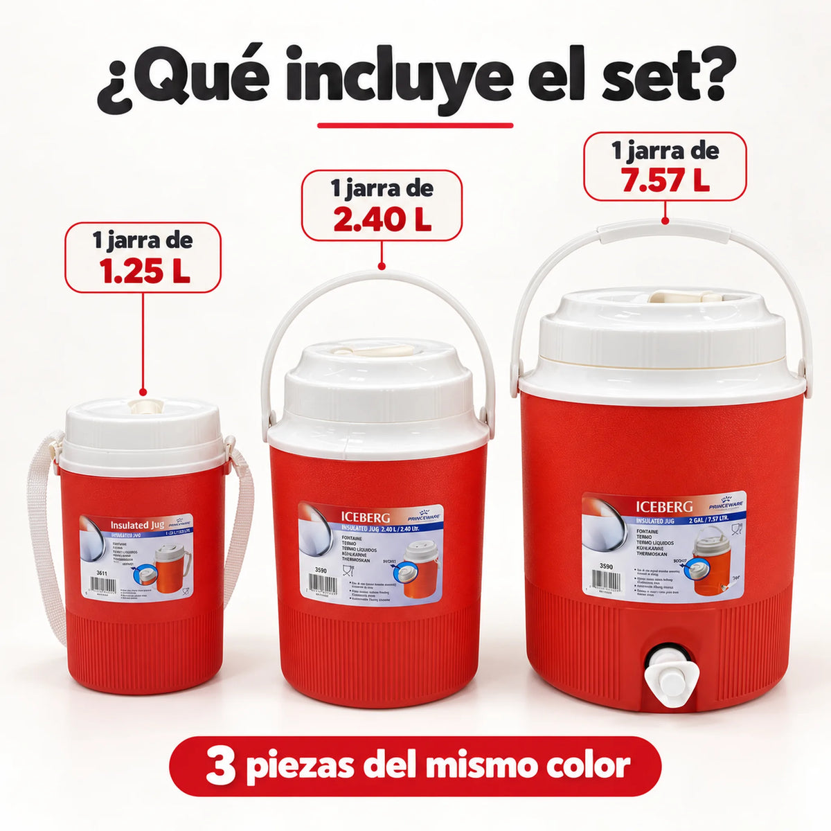 Set de 3 termos para líquidos color rojo – qué incluye el set