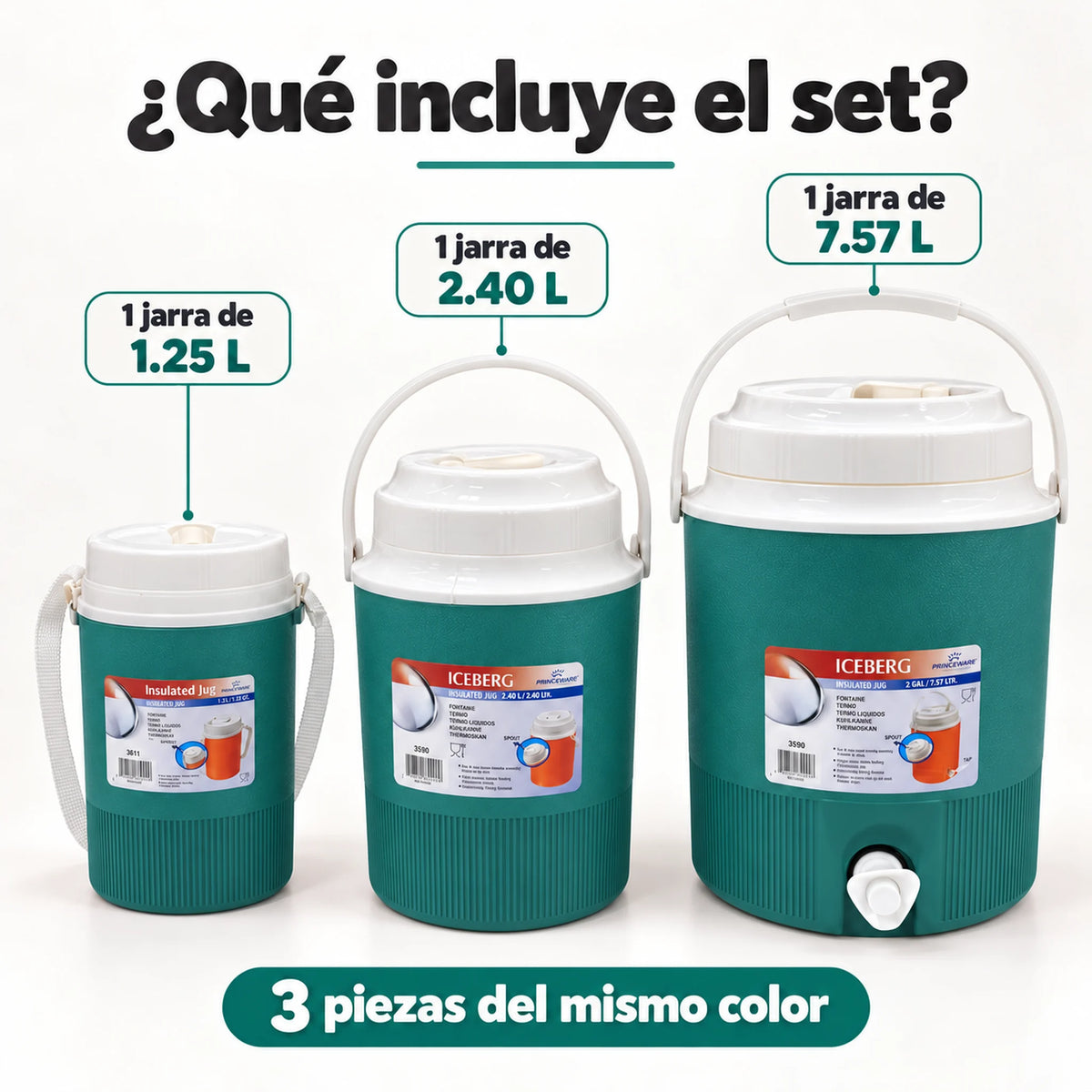Set de 3 termos para líquidos color turquesa – qué incluye el set
