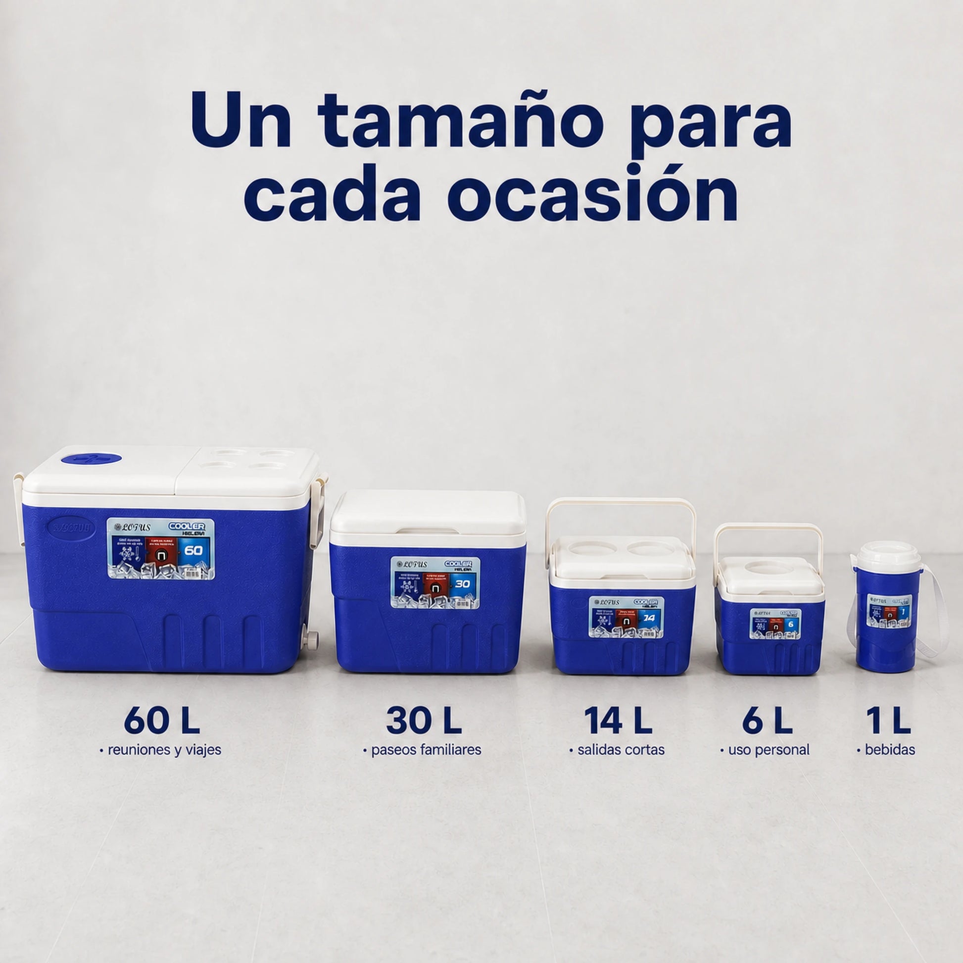 Comparativa de tamaños del set de hieleras Lotus en azul
