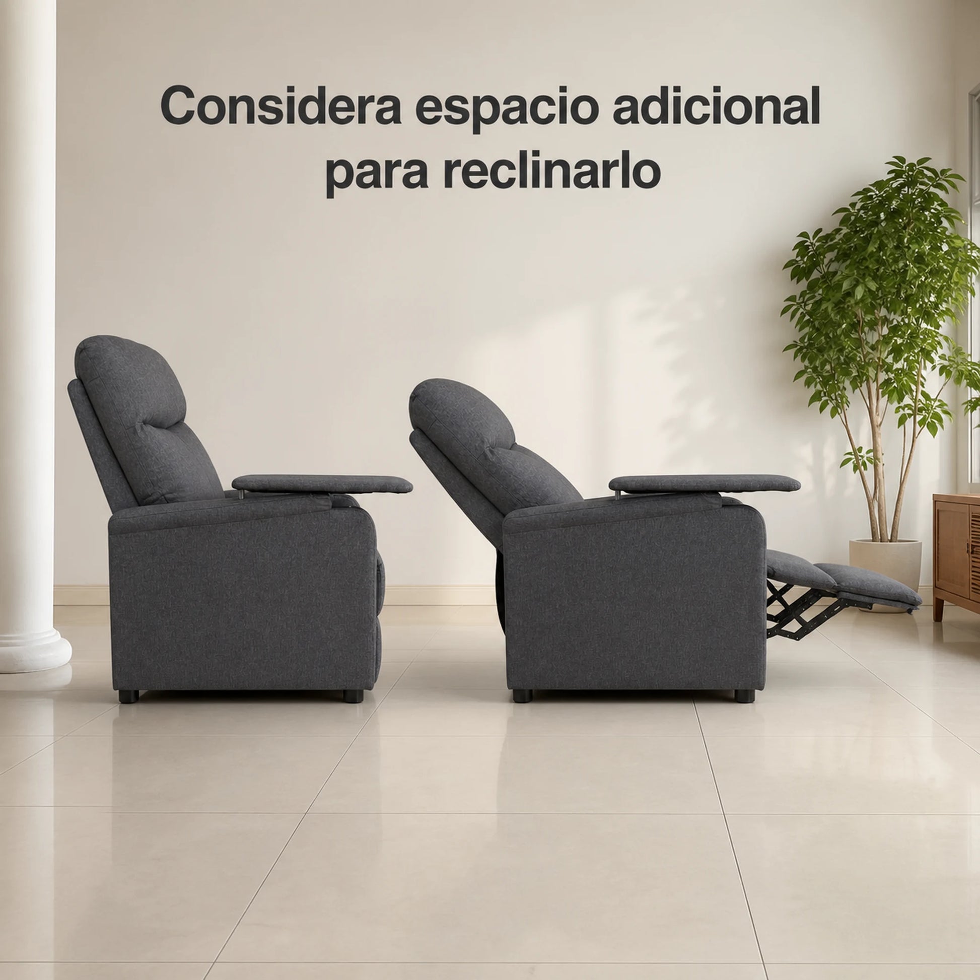 Dos sillones reclinables en gris mostrando el espacio adicional necesario para reclinarlos por completo