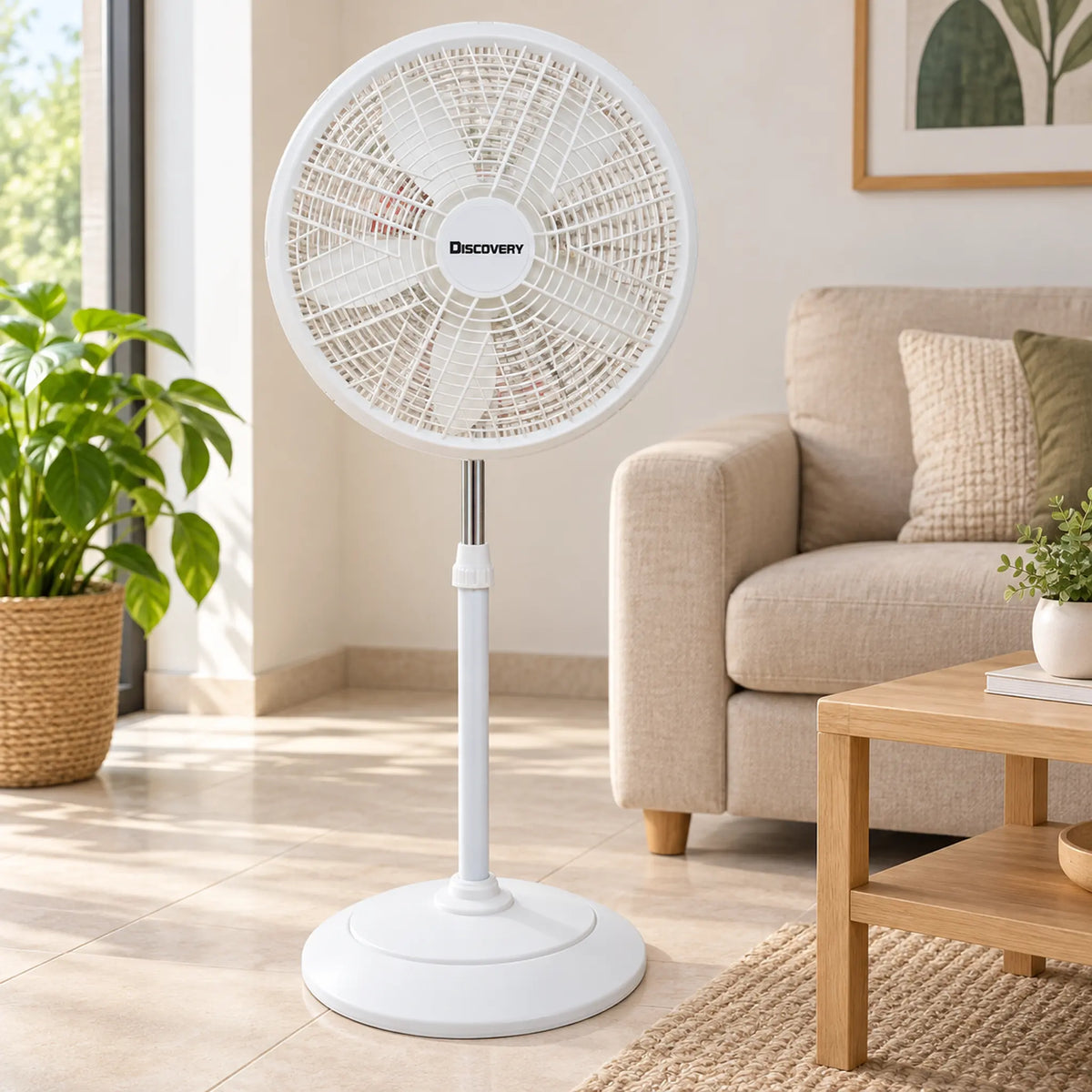 Ventilador de pedestal blanco de 18 pulgadas – en una sala