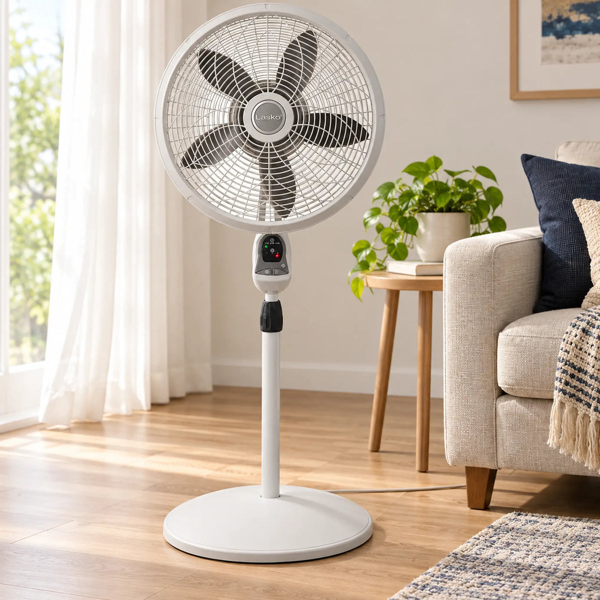 Ventilador de pedestal Lasko 18 pulgadas con control remoto – en una sala