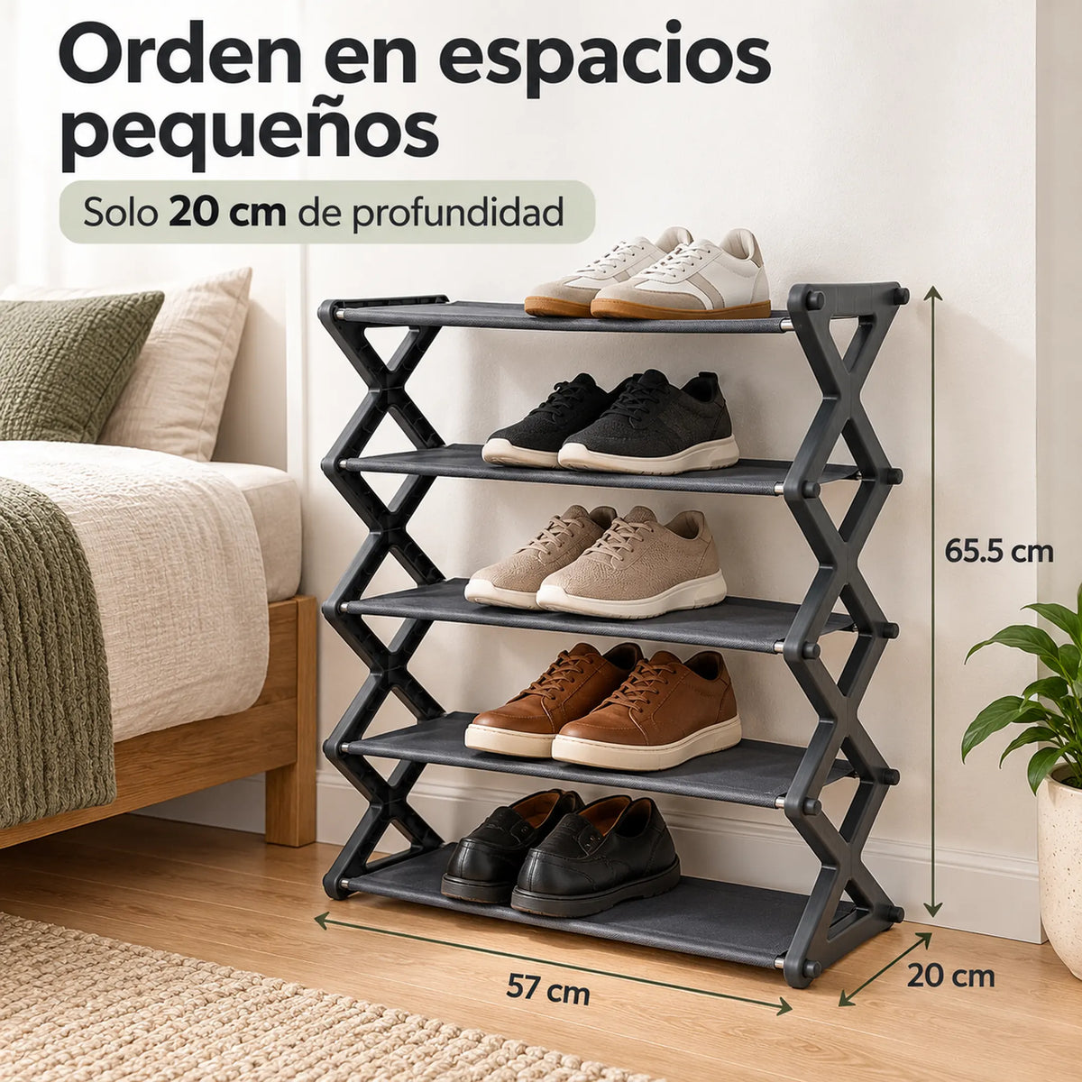 Zapatera de 5 niveles color gris – ahorra espacio: solo 20 cm de profundidad