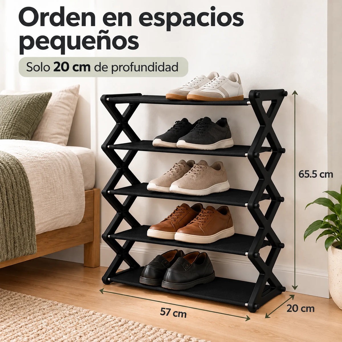 Zapatera de 5 niveles color negro – ahorra espacio: solo 20 cm de profundidad