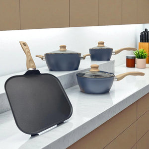 Batería de Cocina 7 Piezas Aluminio Antiadherente con Tapas de Vidrio y Sartén Grill 28 cm | Bergmann