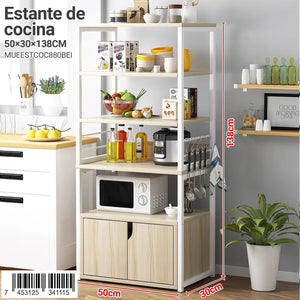 Estante de cocina modelo MUEESTCOC880BEI de la marca Ambienta, color blanco con madera clara, tamaño 50x30x138 cm, con ganchos laterales y espacio para microondas.