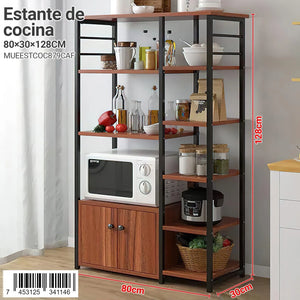 Estante de cocina modelo MUEESTCOC879CAF en color caoba con estructura negra, medidas 80x30x128 cm, ideal para microondas y almacenamiento vertical.