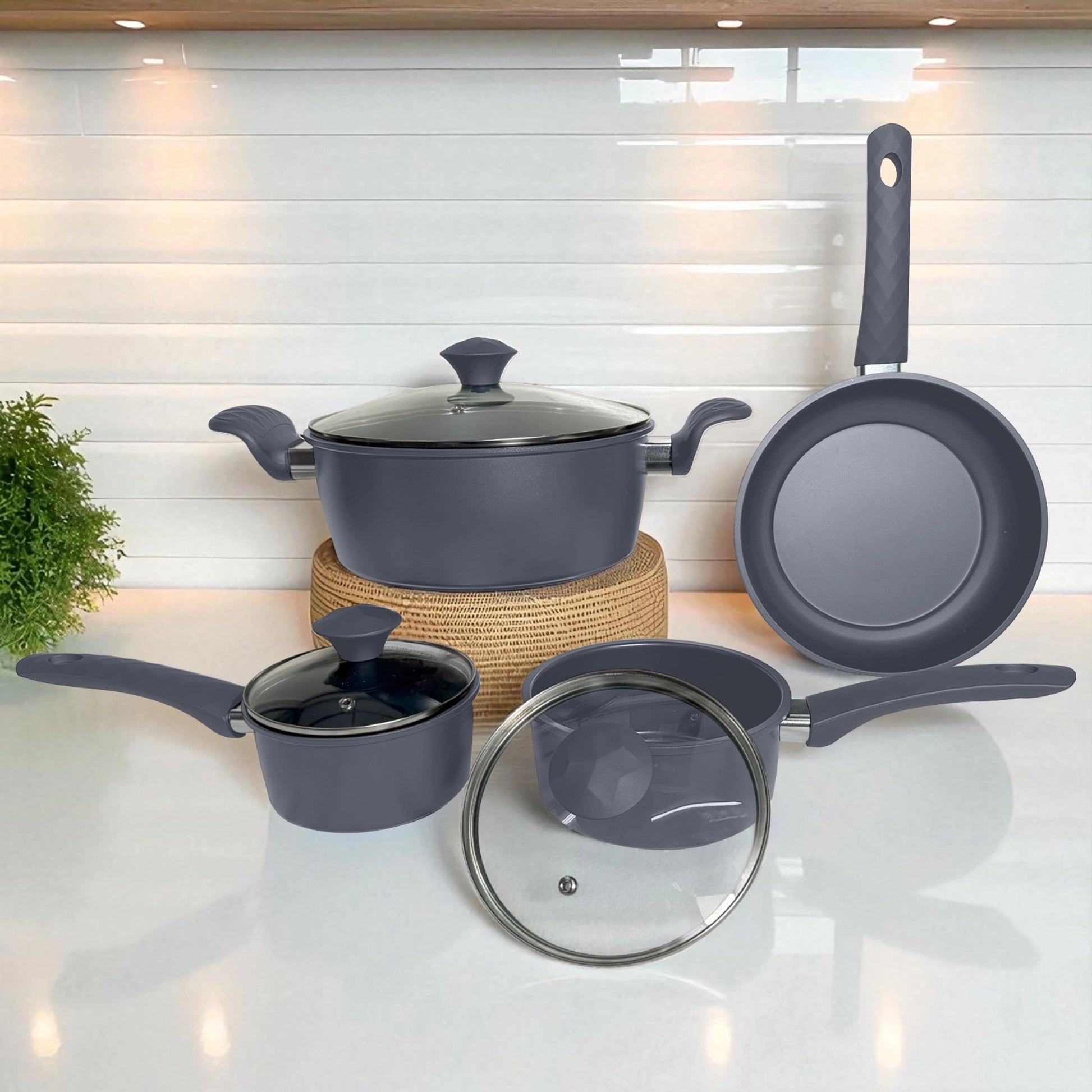 Set completo de 7 piezas Big Home con ollas y sartenes antiadherentes tipo mármol gris mate, ideal para cocina moderna.