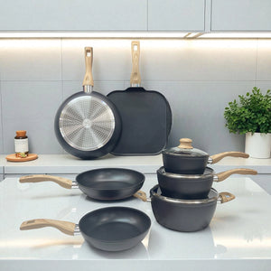 Batería de Cocina 10 Piezas Aluminio Antiadherente Negro con Mangos Tipo Madera y Tapas de Vidrio Templado | Bergmann