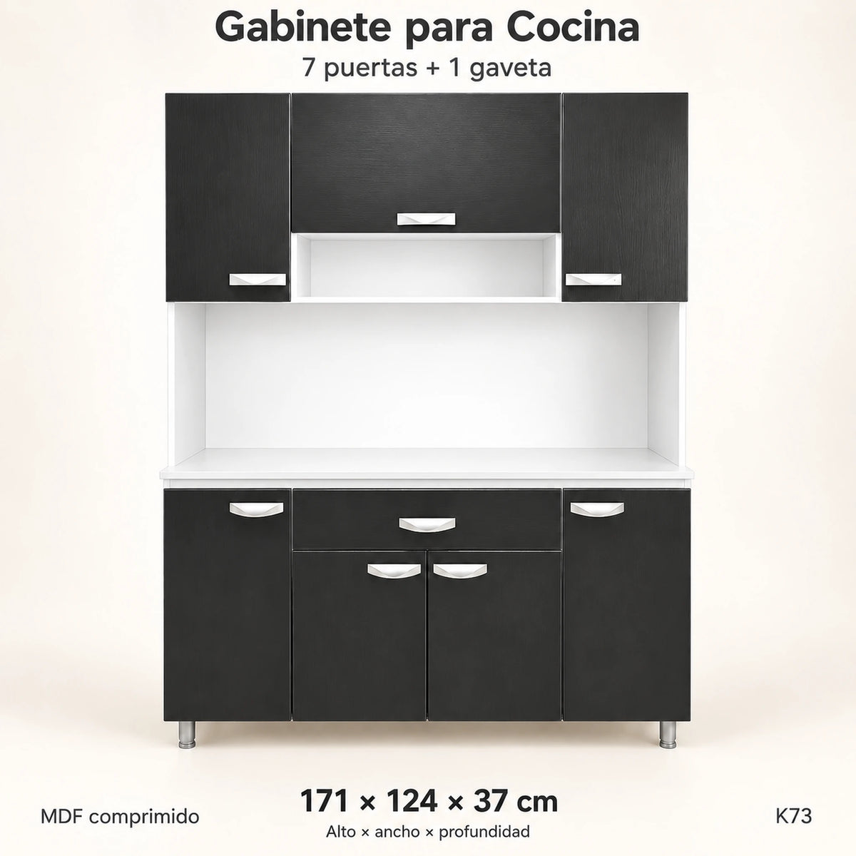 Alacena de cocina 7 puertas y 1 gaveta color Negro/Blanco – resumen del modelo: 7 puertas, 1 gaveta, 171 x 124 x 37 cm