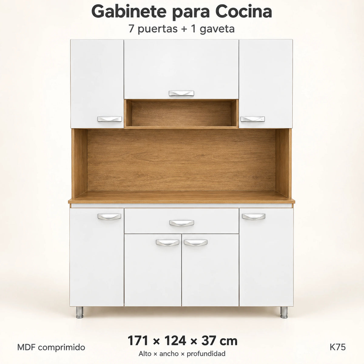 Alacena de cocina 7 puertas y 1 gaveta color Blanco/Roble Miel – resumen del modelo: 7 puertas, 1 gaveta, 171 x 124 x 37 cm