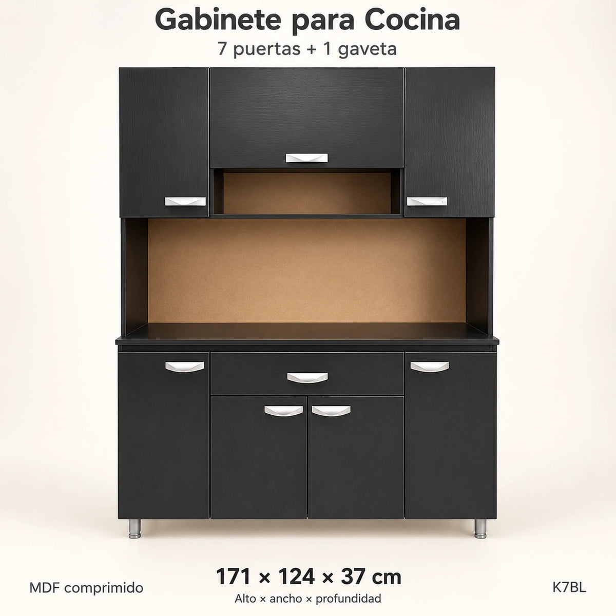 Alacena de cocina 7 puertas y 1 gaveta color Negro/Wengué – resumen del modelo: 7 puertas, 1 gaveta, 171 x 124 x 37 cm
