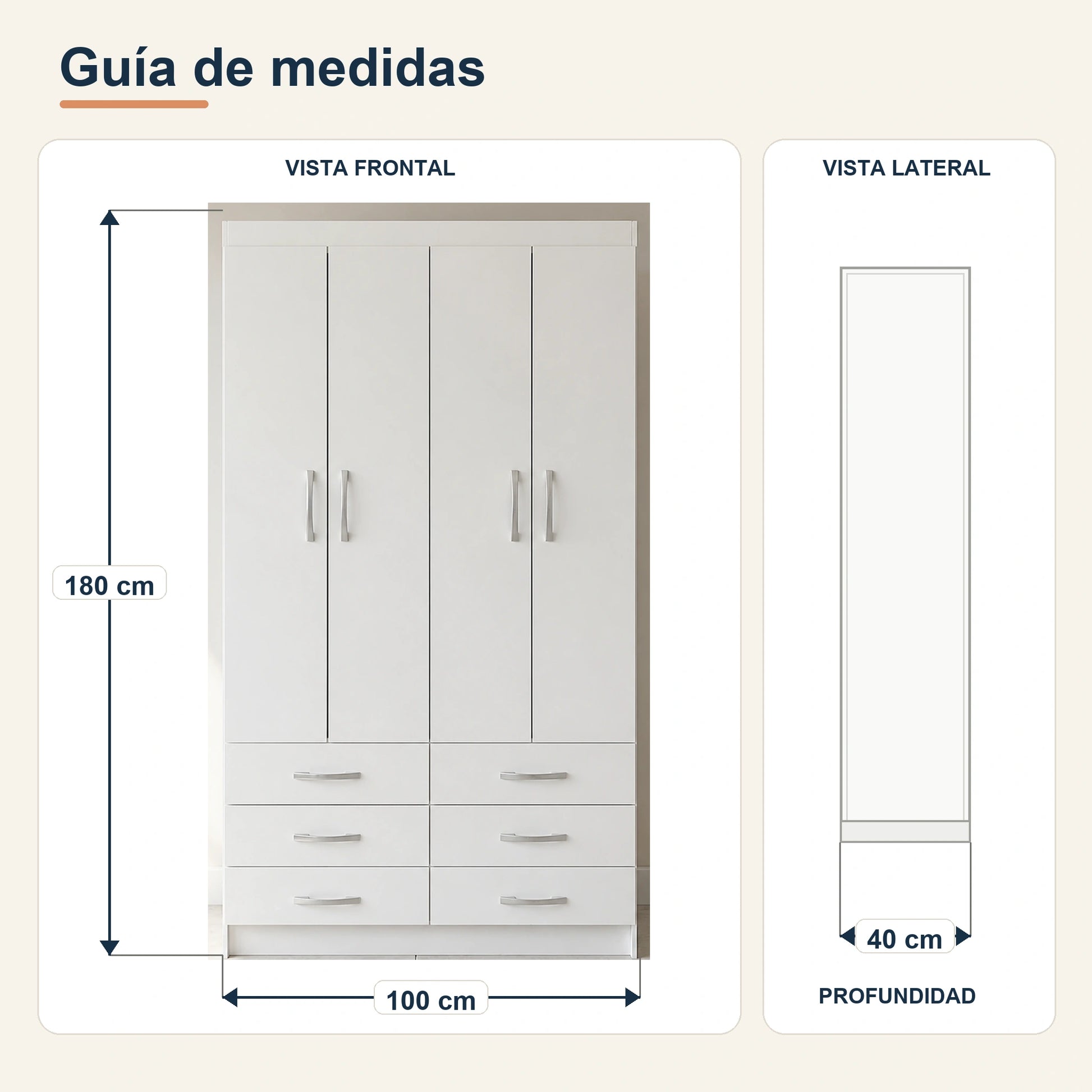 Guía de medidas del armario Treviso blanco: 180 x 100 x 40 cm