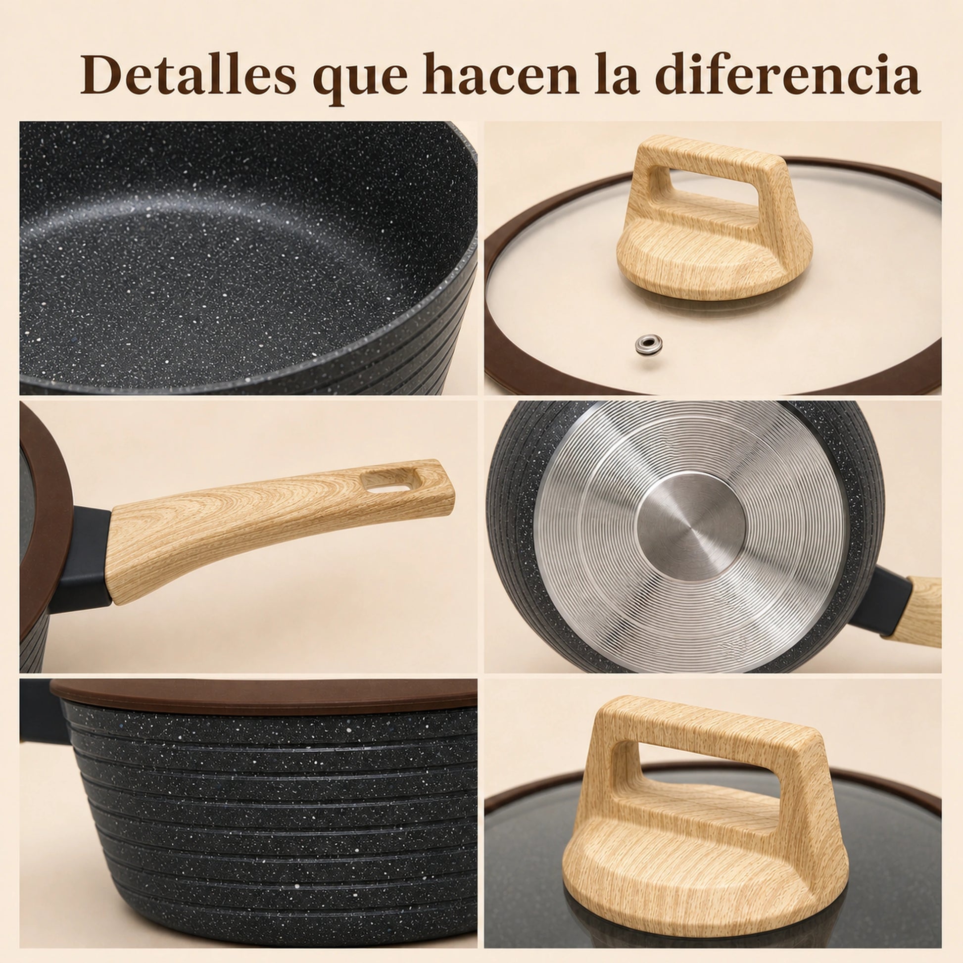 Detalles de acabado de la batería de cocina Crystal Cuisine en color Negro