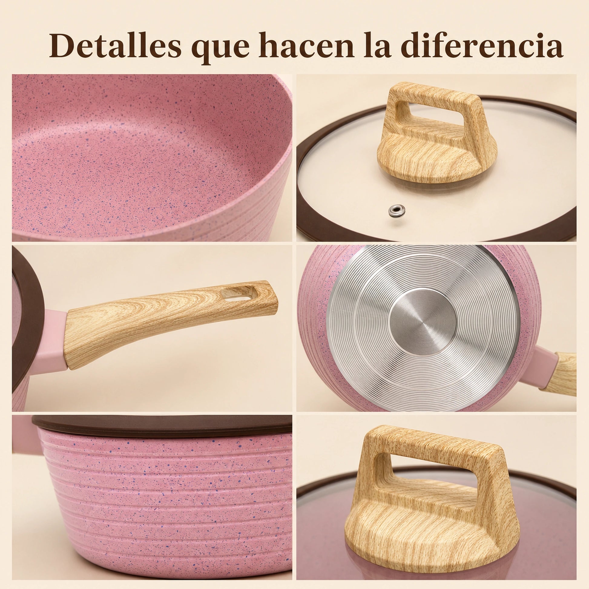Detalles de acabado de la batería de cocina Crystal Cuisine en color Rosa