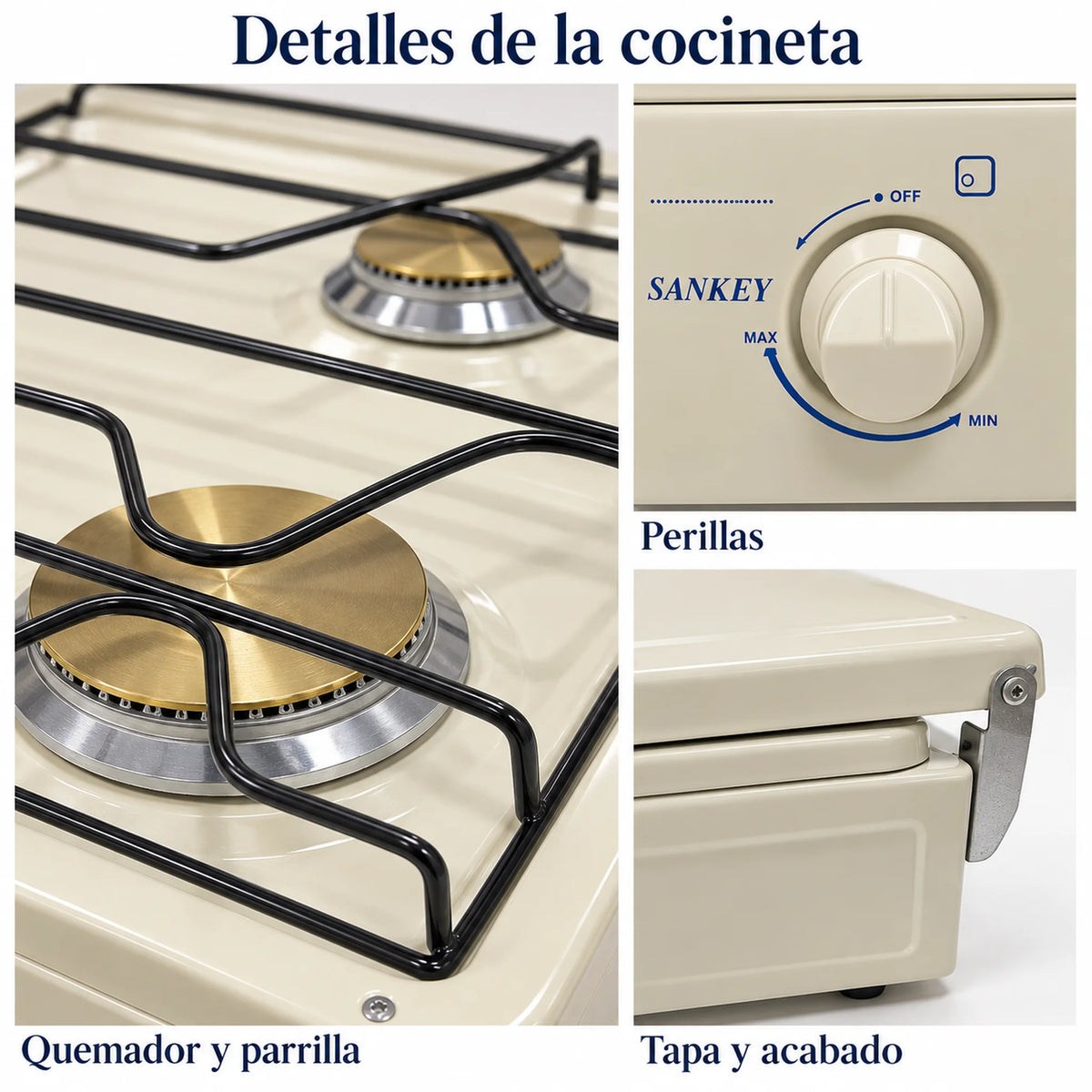 Detalles de la cocina a gas Sankey Linda: quemador con parrilla, perilla de control y tapa con cierre de seguridad