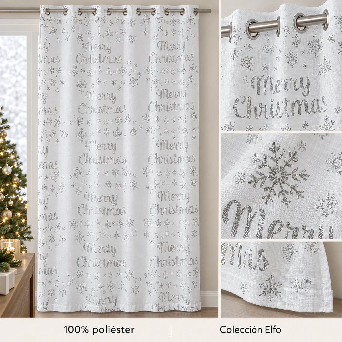 Cortina navideña Pasión Guajira Elfo blanca con letras Merry Christmas y copos plateados – material 100% poliéster, Colección Elfo