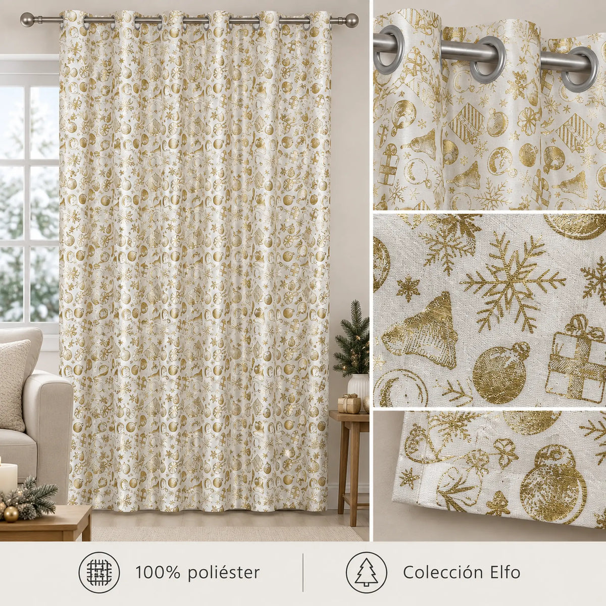 Cortina navideña Pasión Guajira Elfo crema con regalos y copos dorados – material 100% poliéster, Colección Elfo