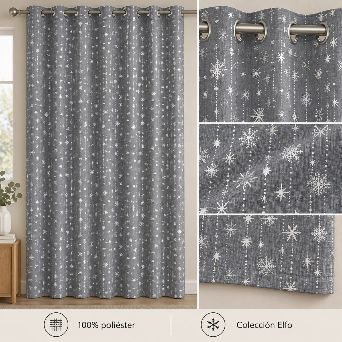 Cortina navideña Pasión Guajira Elfo gris con copos de nieve plateados – material 100% poliéster, Colección Elfo