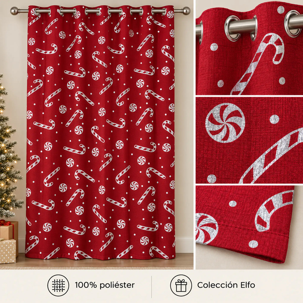 Cortina navideña Pasión Guajira Elfo roja con caramelos navideños plateados – material 100% poliéster, Colección Elfo