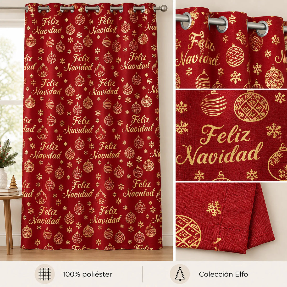 Cortina navideña Pasión Guajira Elfo roja con letras Feliz Navidad doradas – material 100% poliéster, Colección Elfo
