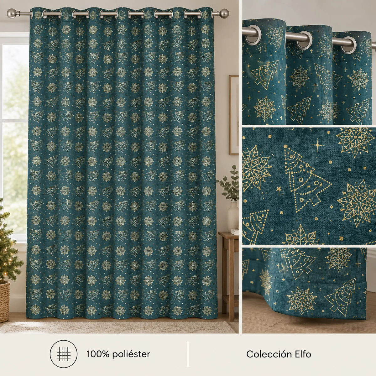 Cortina navideña Pasión Guajira Elfo verde con árboles navideños dorados – material 100% poliéster, Colección Elfo