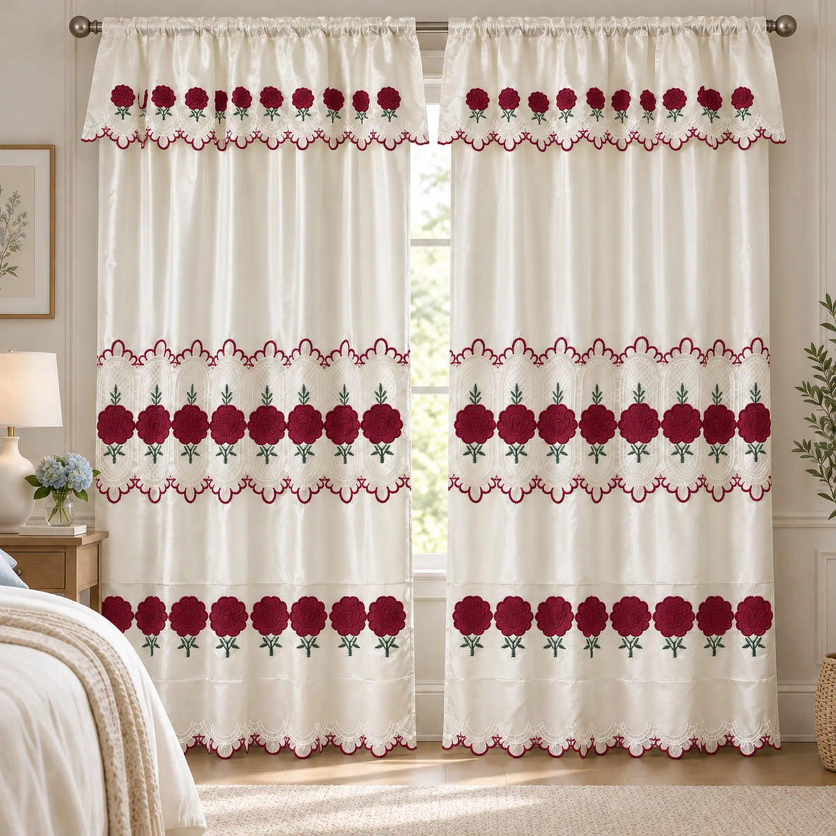 Par de cortinas bordadas satinadas con cenefa, fondo cream con bordado rojo vino – en un dormitorio