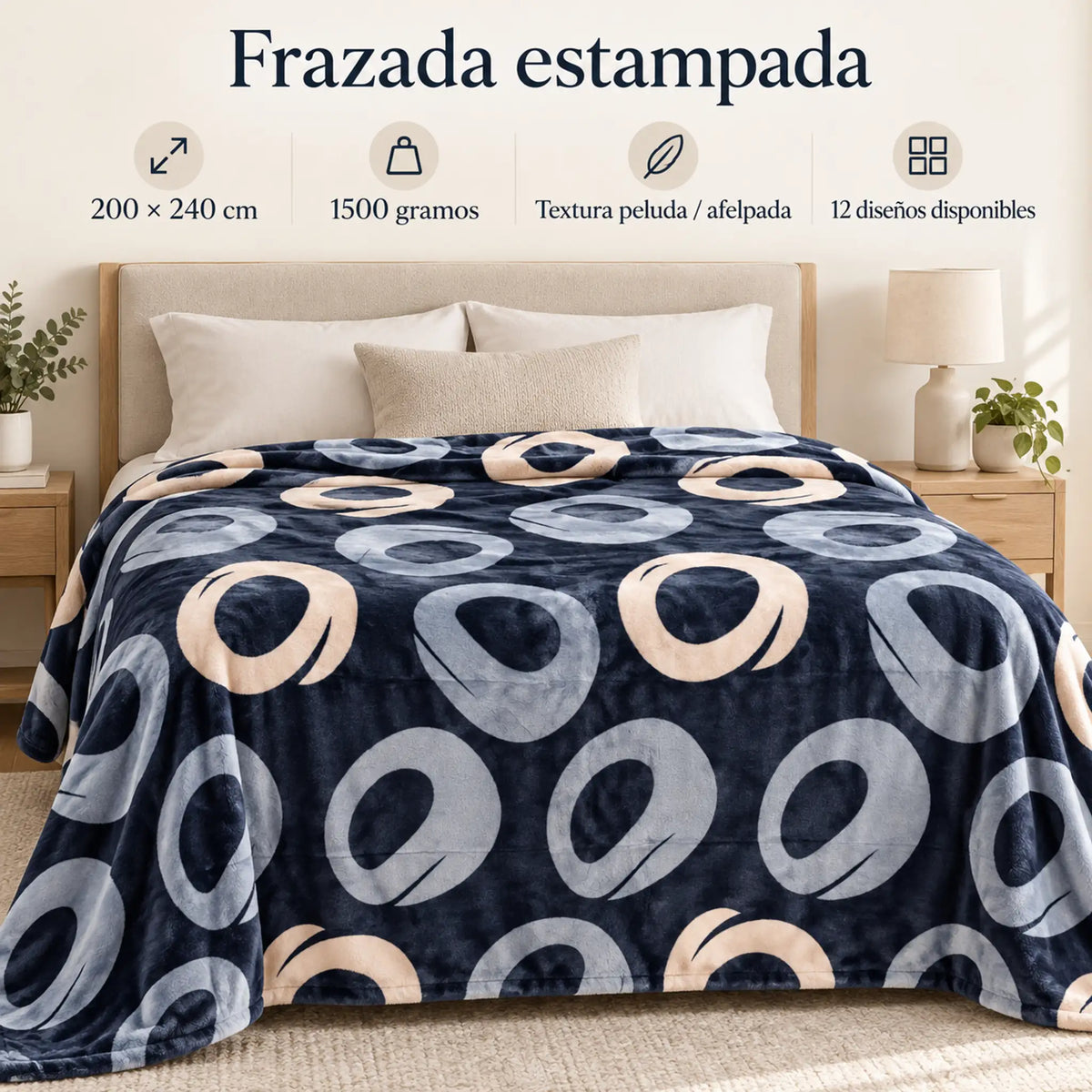 Frazada estampada afelpada 200 x 240 cm, diseño Aros Azul Marino – medidas 200 x 240 cm y 1500 gramos