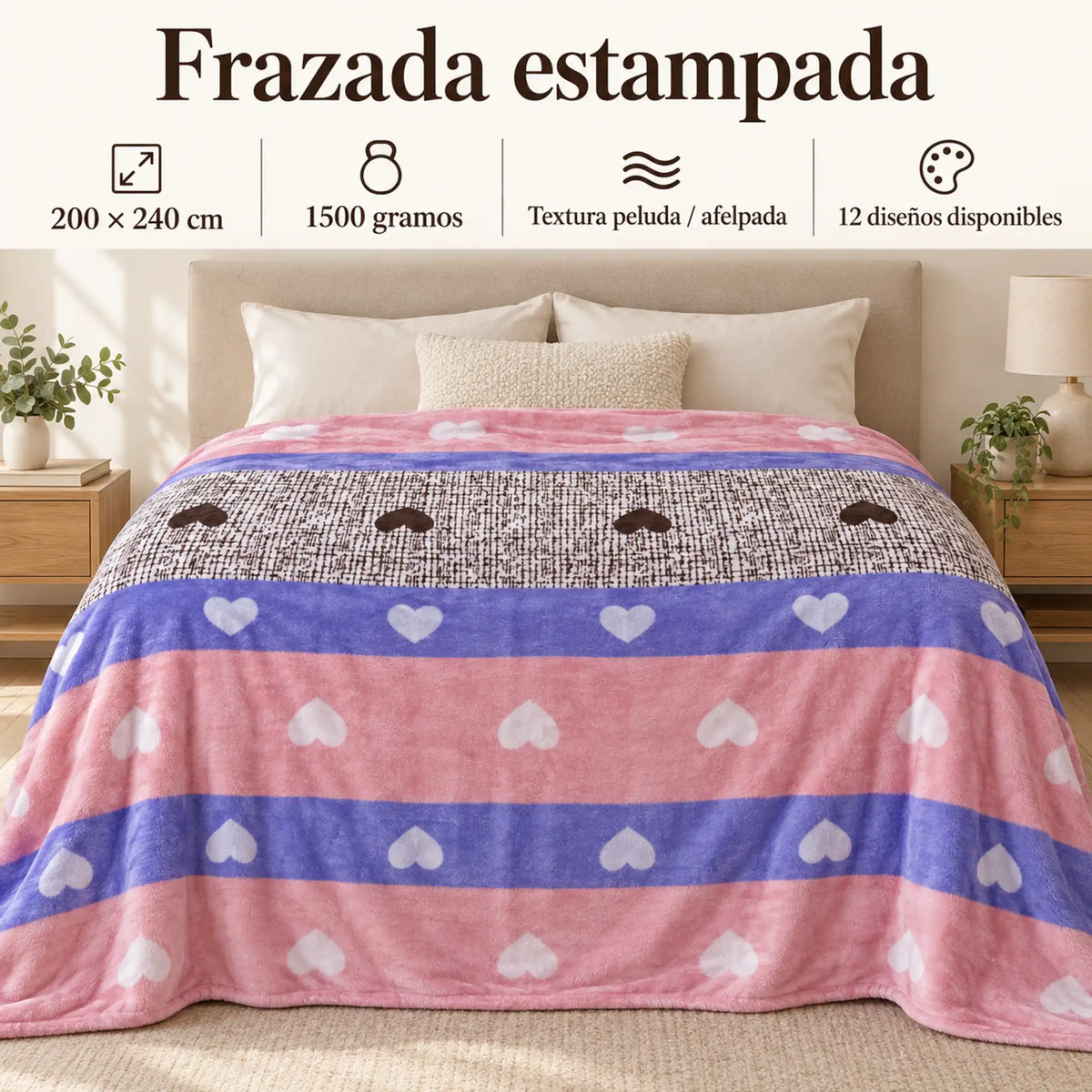 Frazada estampada afelpada 200 x 240 cm, diseño Corazones Multicolor – medidas 200 x 240 cm y 1500 gramos