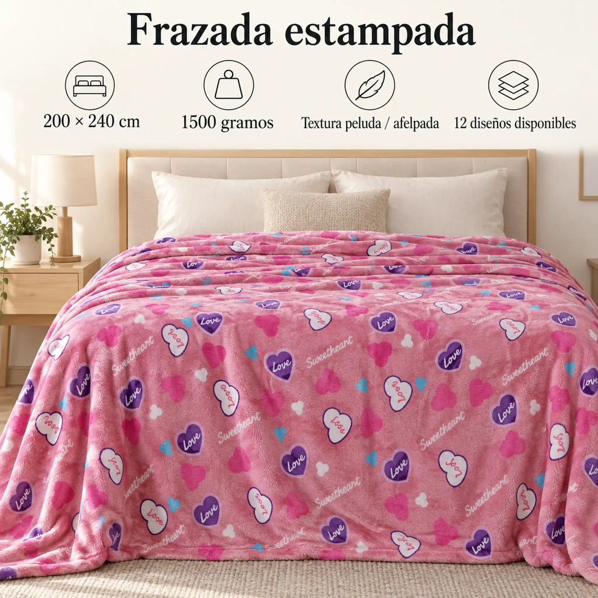 Frazada estampada afelpada 200 x 240 cm, diseño Corazones Rosa – medidas 200 x 240 cm y 1500 gramos
