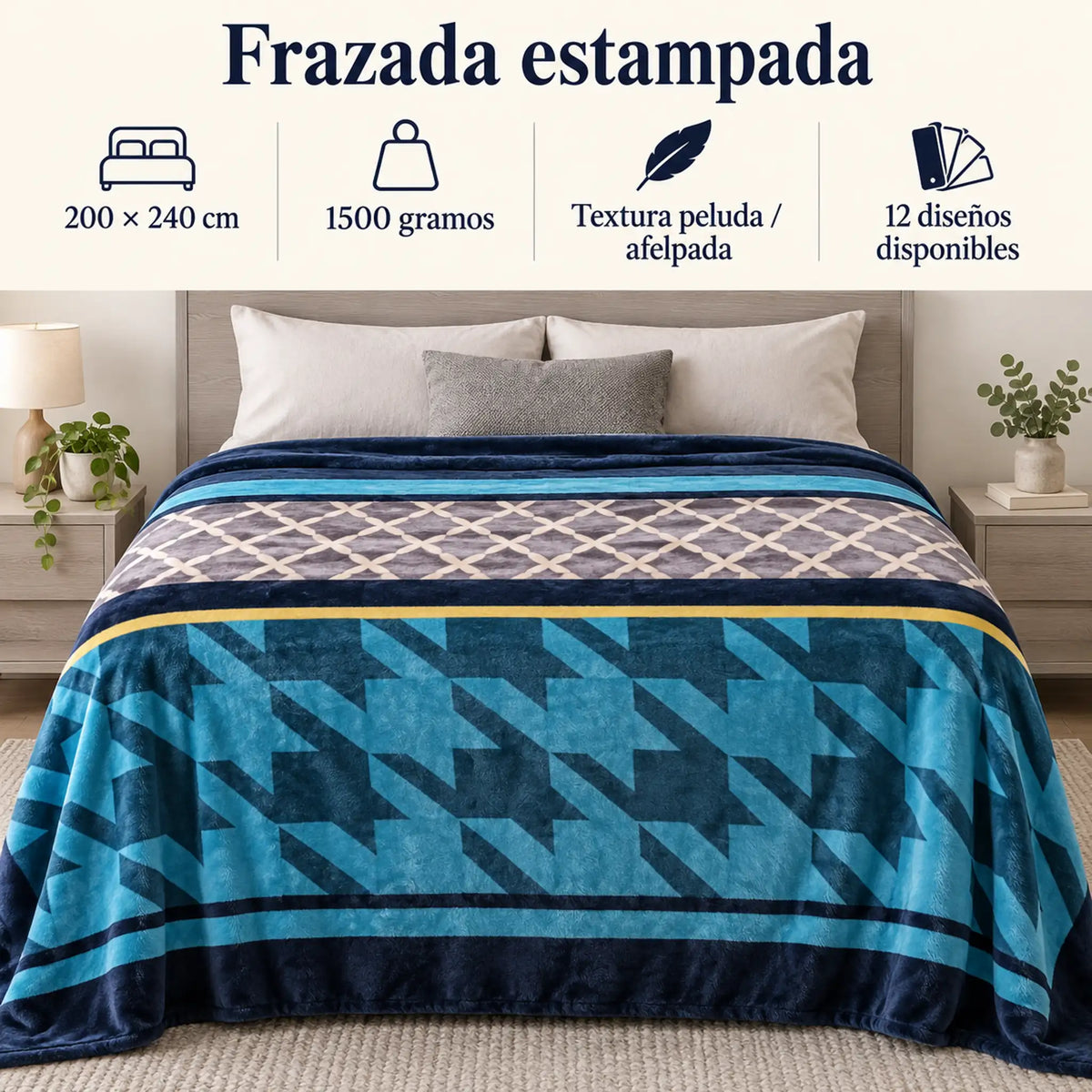 Frazada estampada afelpada 200 x 240 cm, diseño Geométrico Turquesa – medidas 200 x 240 cm y 1500 gramos