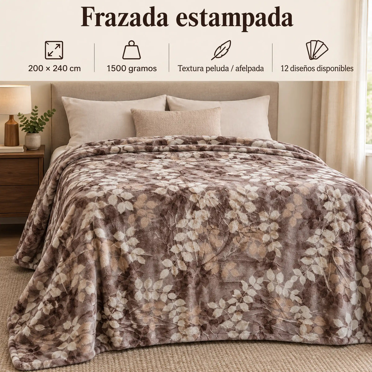 Frazada estampada afelpada 200 x 240 cm, diseño Hojas Café – medidas 200 x 240 cm y 1500 gramos