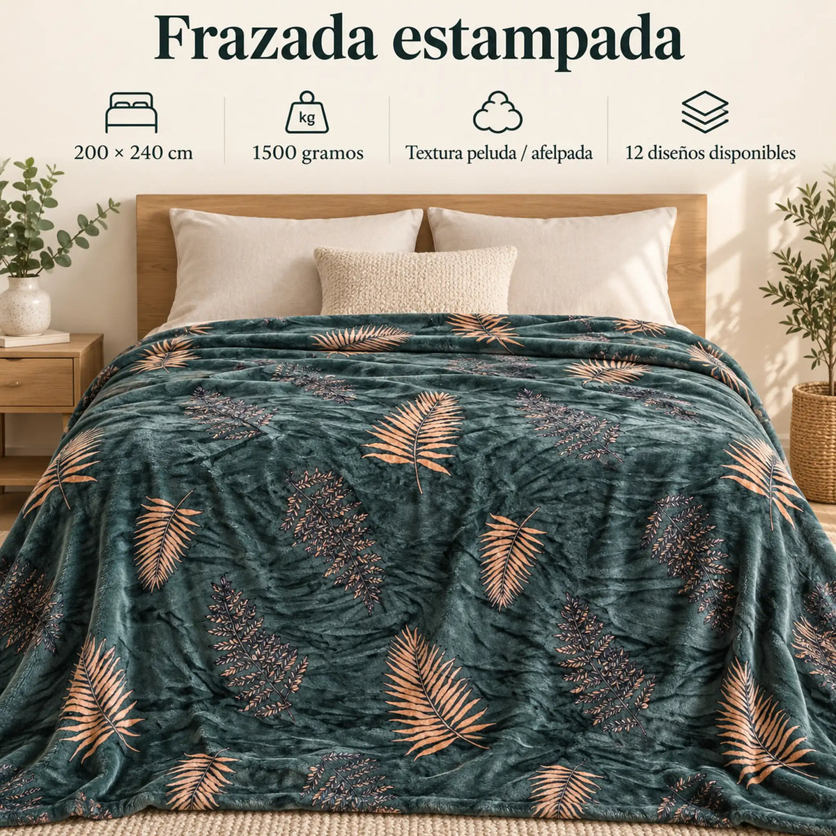 Frazada estampada afelpada 200 x 240 cm, diseño Hojas Tropicales Verde – medidas 200 x 240 cm y 1500 gramos