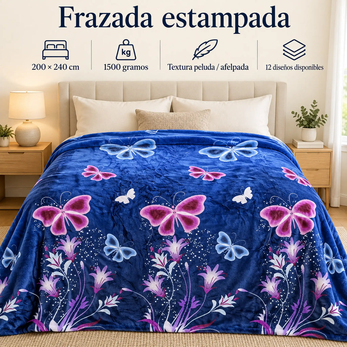 Frazada estampada afelpada 200 x 240 cm, diseño Mariposas Azul Marino – medidas 200 x 240 cm y 1500 gramos