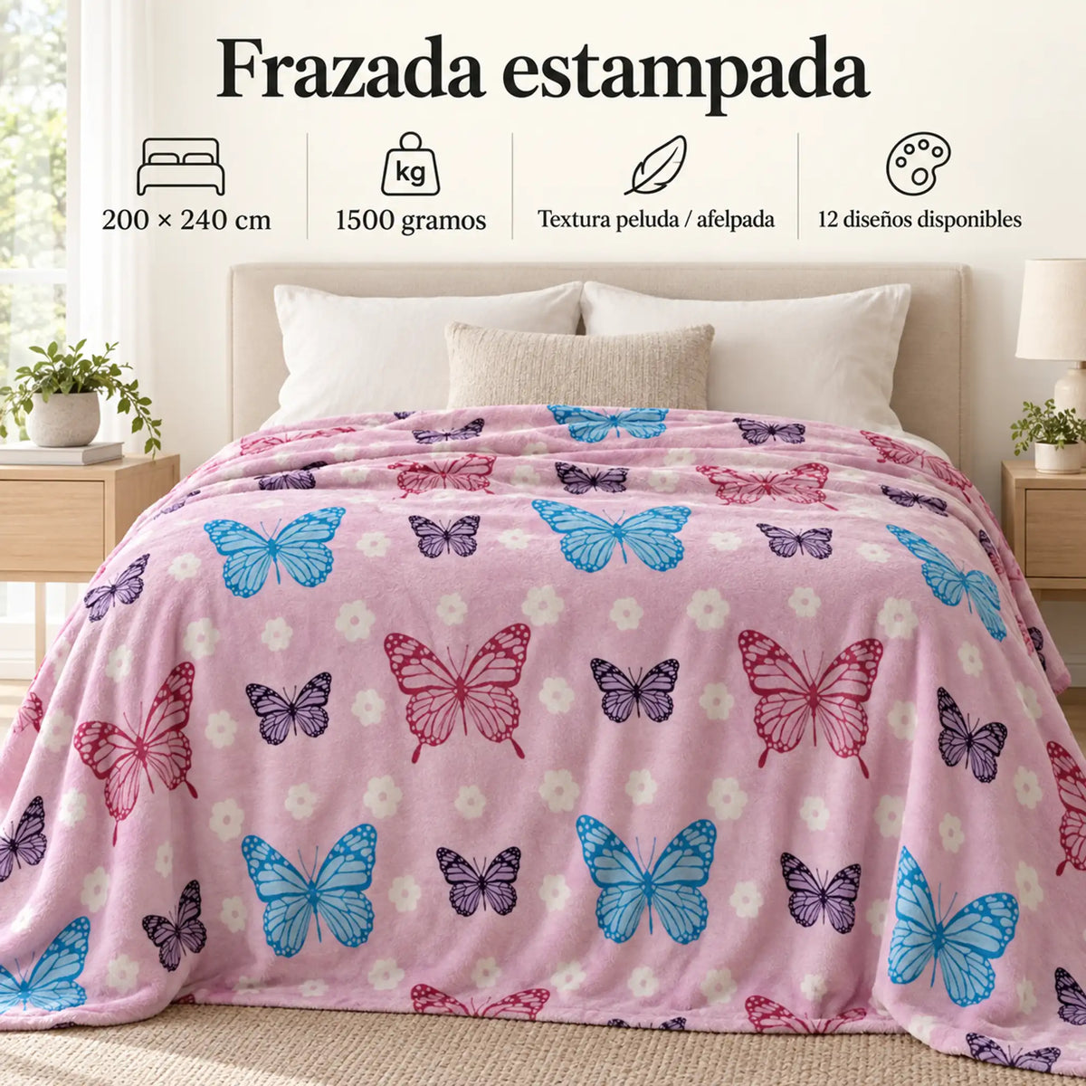 Frazada estampada afelpada 200 x 240 cm, diseño Mariposas Rosa – medidas 200 x 240 cm y 1500 gramos