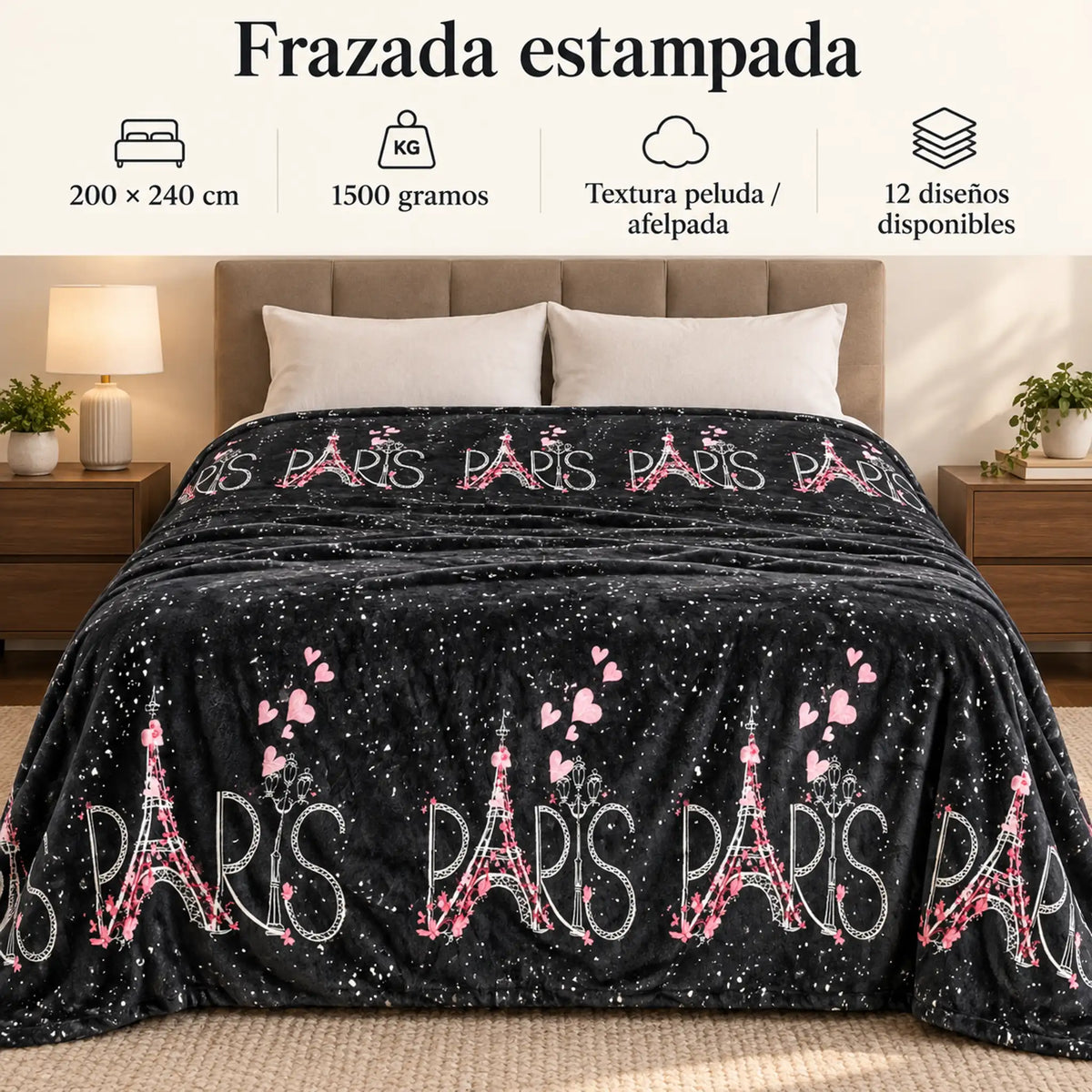 Frazada estampada afelpada 200 x 240 cm, diseño París Negro – medidas 200 x 240 cm y 1500 gramos