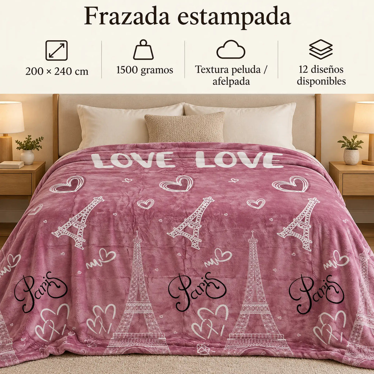 Frazada estampada afelpada 200 x 240 cm, diseño París Rosa – medidas 200 x 240 cm y 1500 gramos