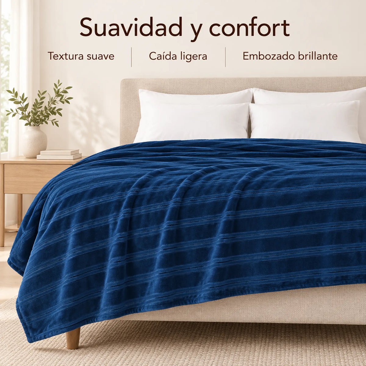 Frazada full azul marino de 180 x 220 cm con rayas en relieve – suavidad y confort
