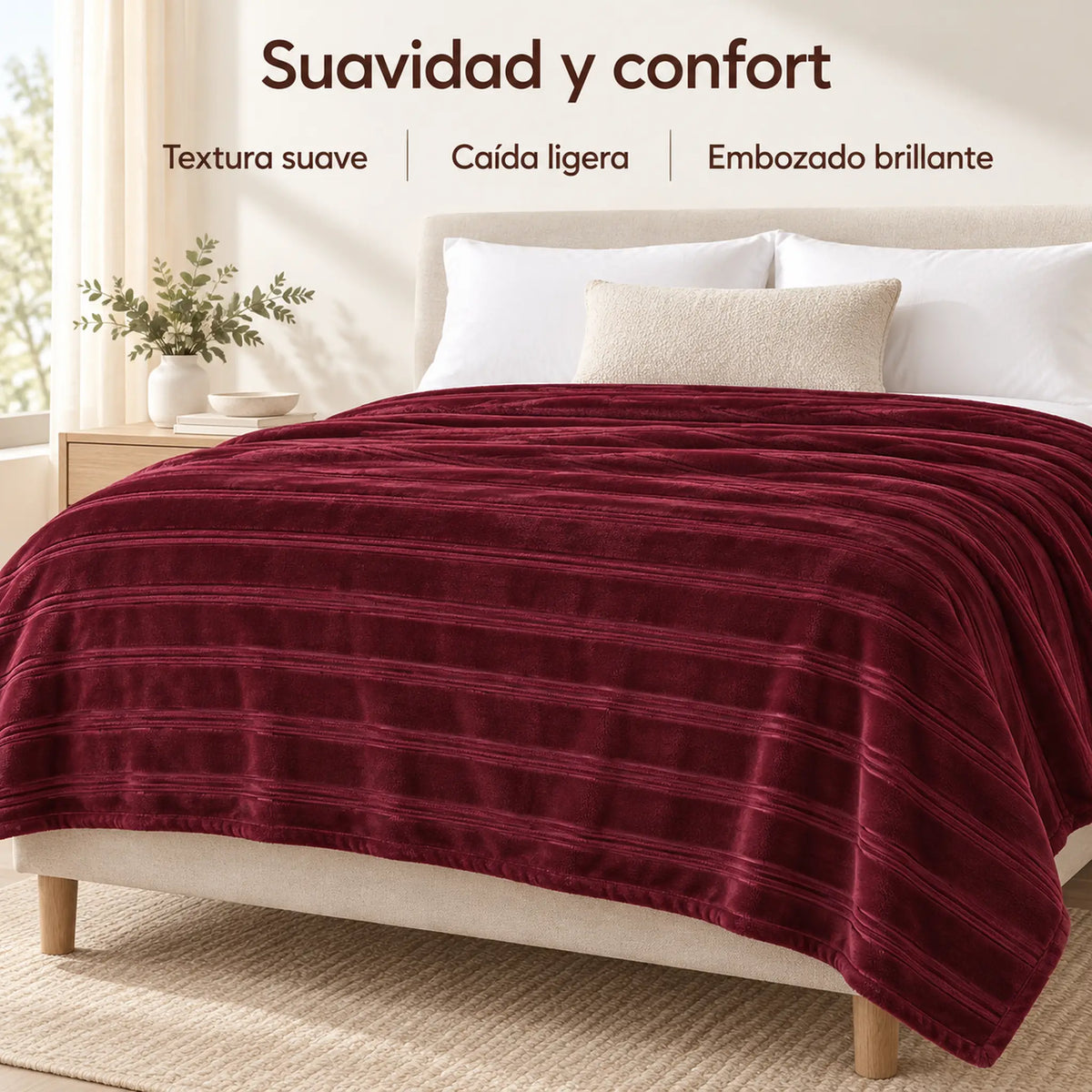 Frazada full color vino de 180 x 220 cm con rayas en relieve – suavidad y confort