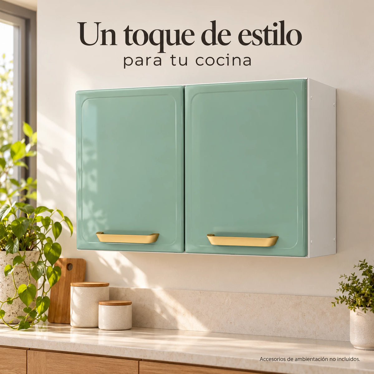 Cocina iluminada con gabinete aéreo Bertolini verde menta de 2 puertas en la pared