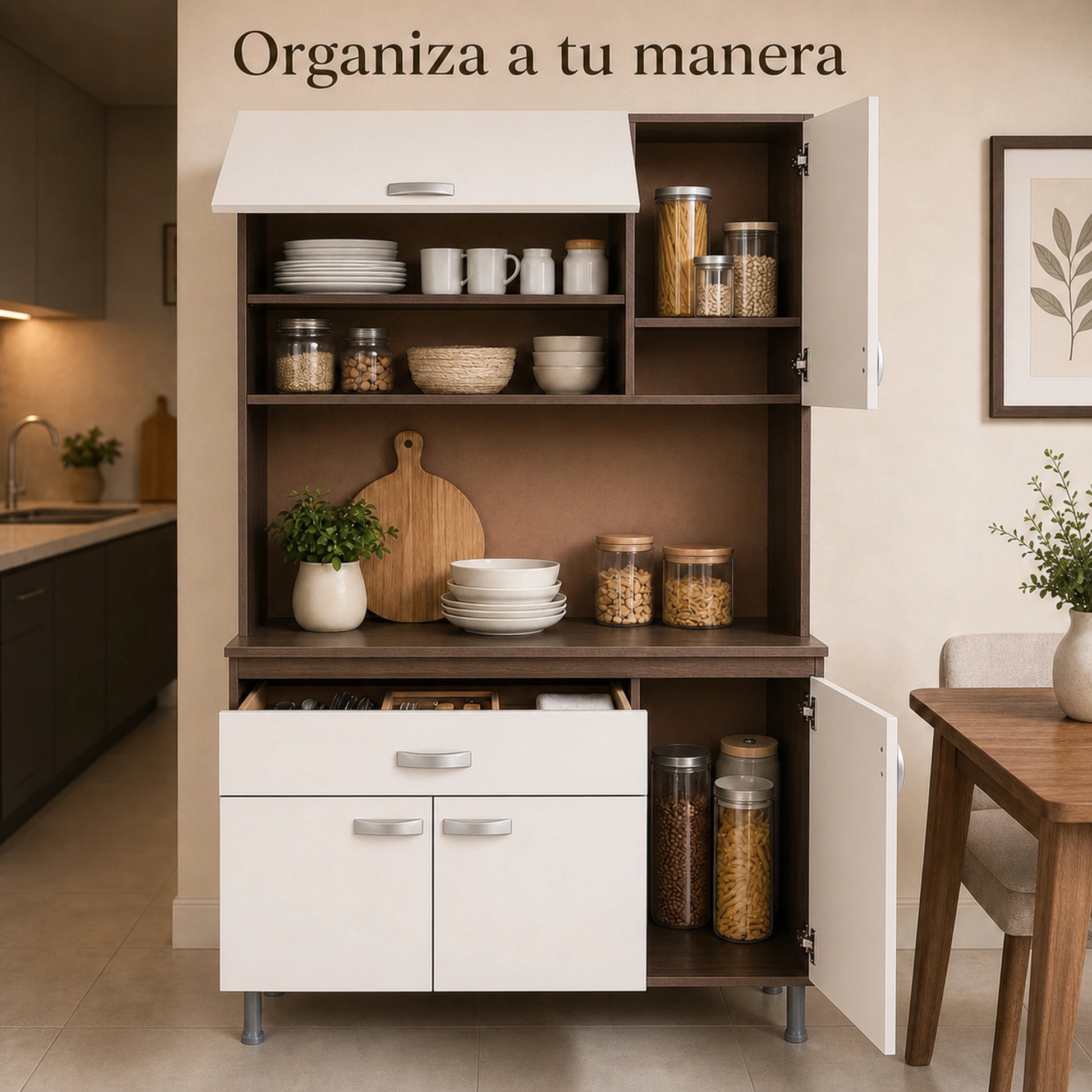 Interior organizado del gabinete de cocina grande en Chocolate y Blanco